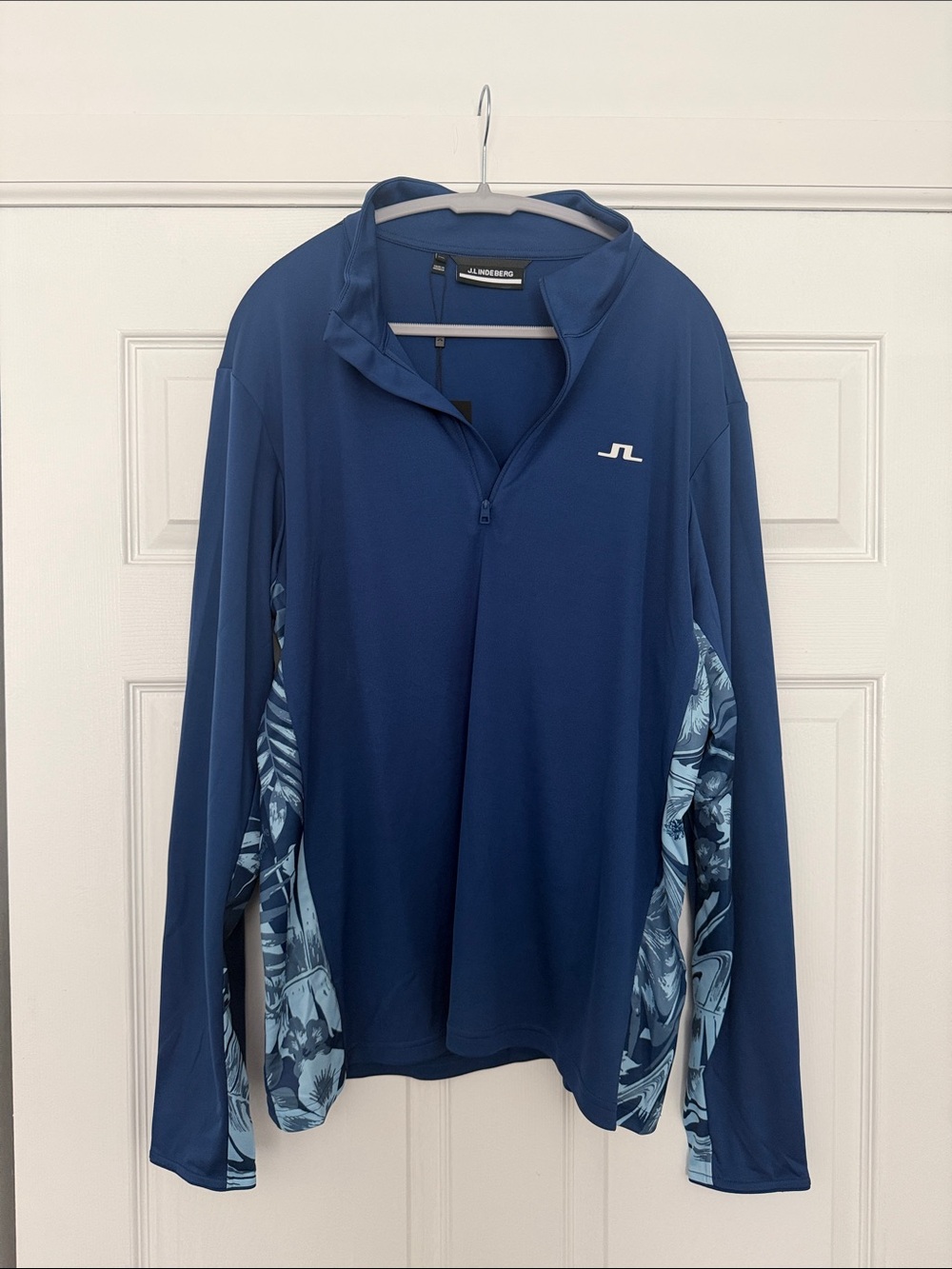 J.Lindeberg Men's Blue Long-Sleeve Swim Rash Guard with Patterned Side Panels